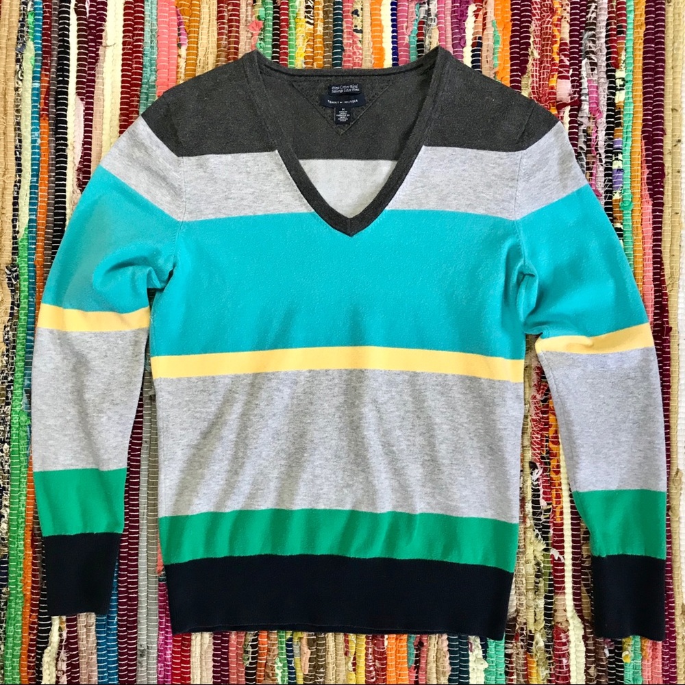 Tommy Hilfiger ~ Stripe colorblock cotton v-neck sweater
